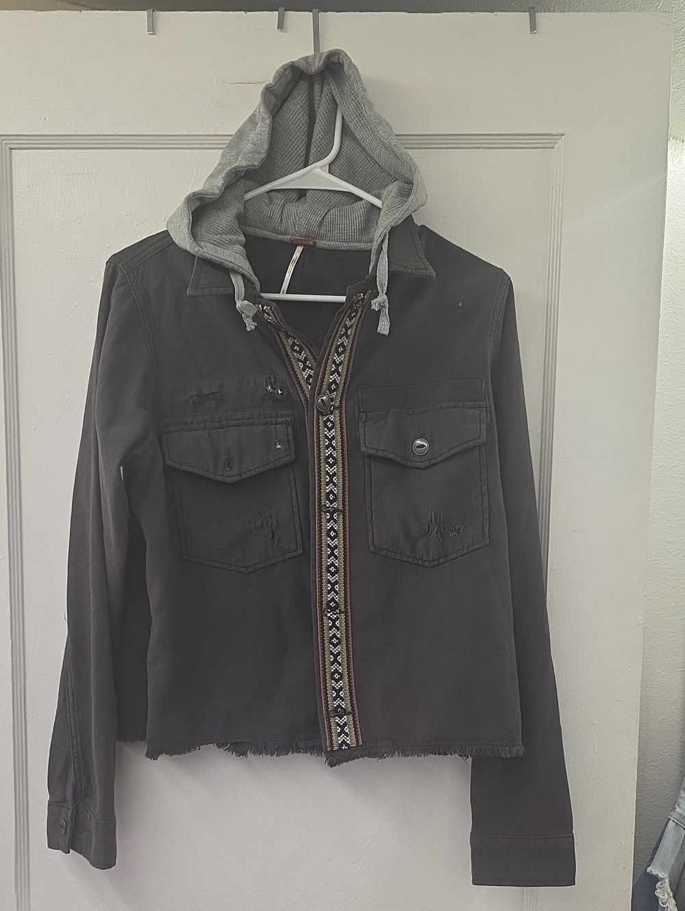 Free People Dark Charcoal Distressed Utility Jacket with Hood Size Small - Picture 1 of 8